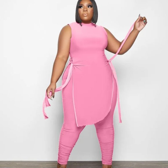 Women Sleeveless Tie Irregular Top And Wrinkled Pants Two Piece Set - Picture 2 of 15